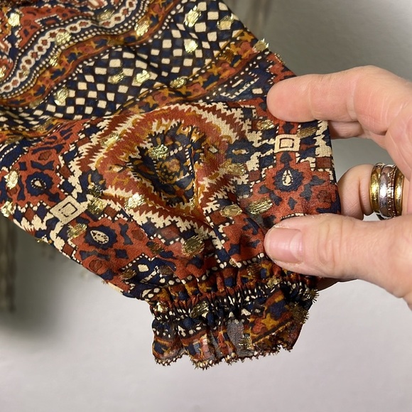 Ulla Johnson Calista Sheer Silk Blouse in Rust Gold and Navy Size 2 - Picture 4 of 14